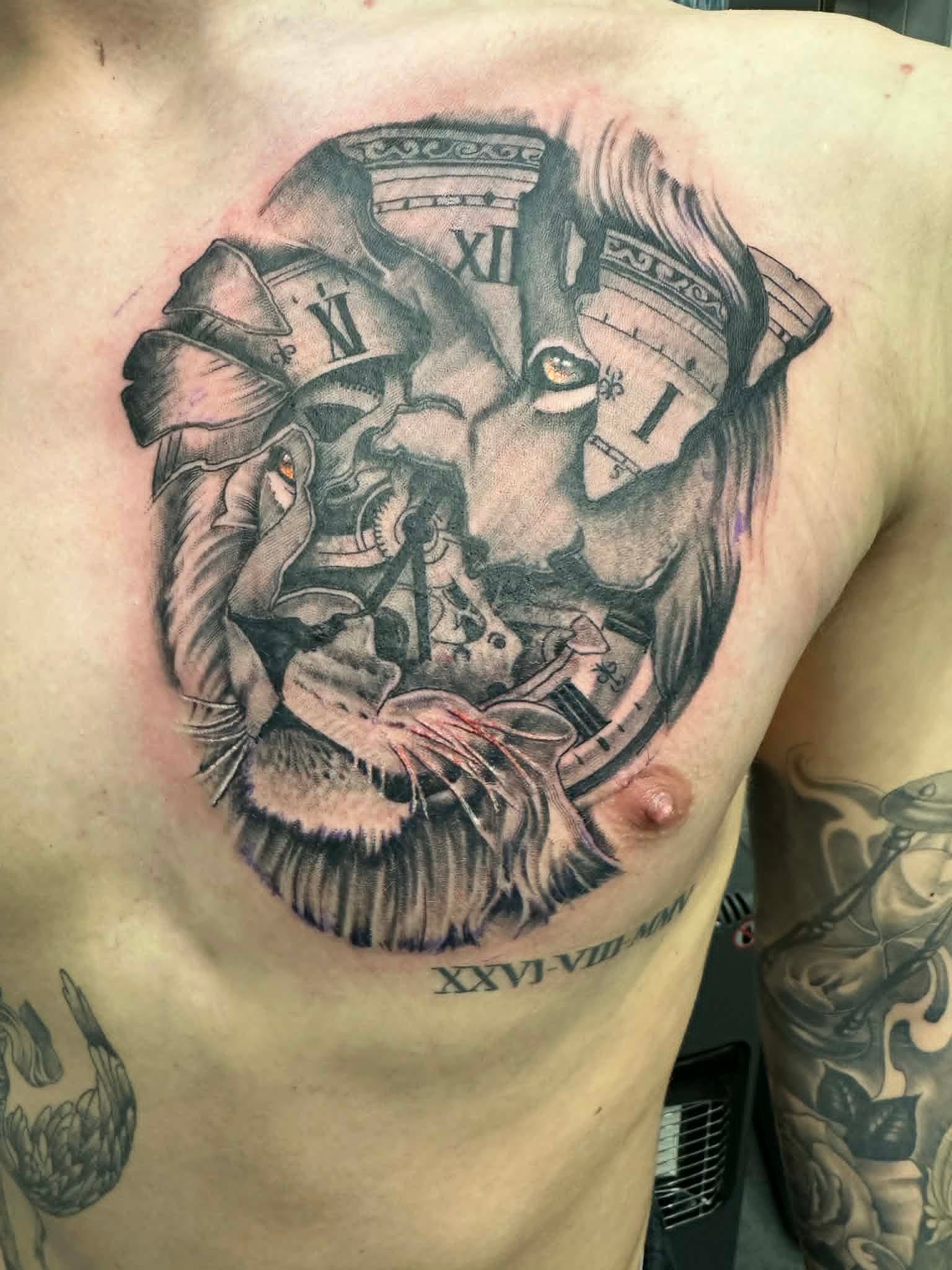 Black and grey lion face merged with broken pillars, clock and Roman numerals chest tattoo by John Quinn at Tattoo Zone Newcastle.